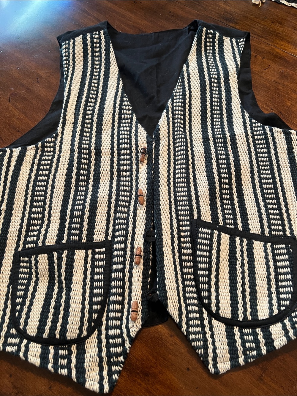 Unisex Vintage Southwest Black and Cream Striped  Vest L